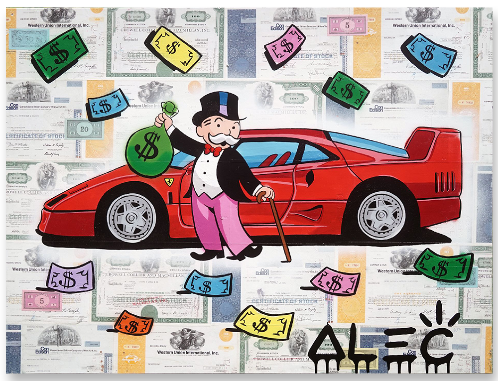 Monopoly Pink Pants Cane, $ Bag in Front of Italian Car
