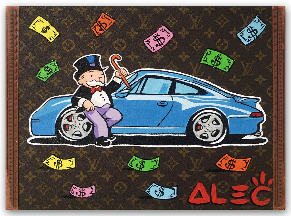 Monopoly Purple Cane up on Blue Porsche Trunk