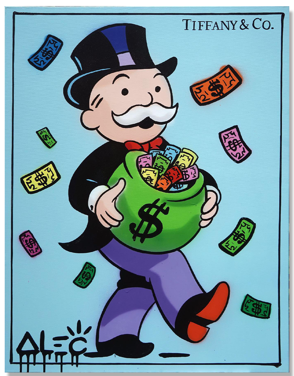 Light Blue Monopoly Walking with Big Open $ Bag