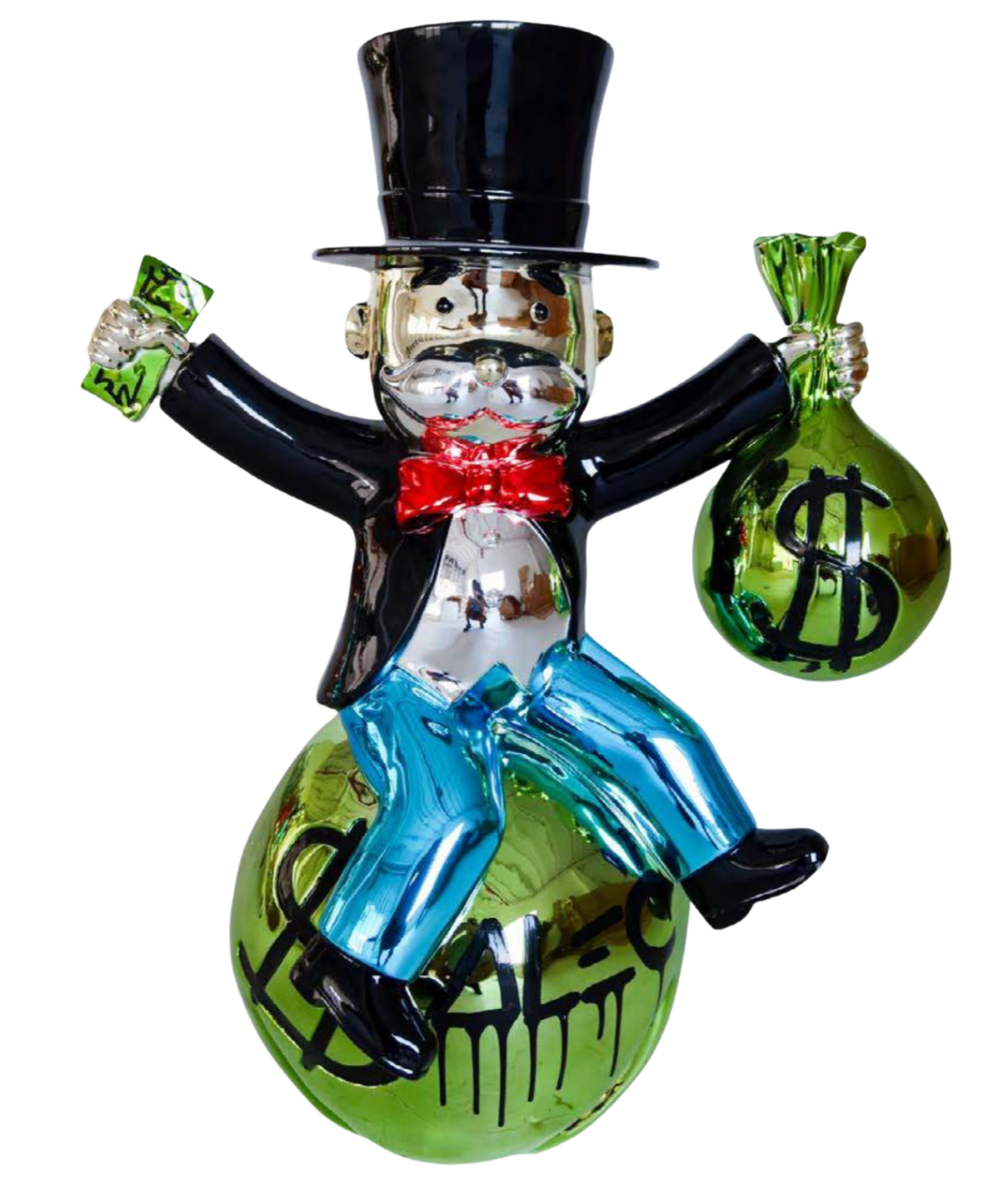 Monopoly Sitting on $ Bag Holding Cash $ Bag