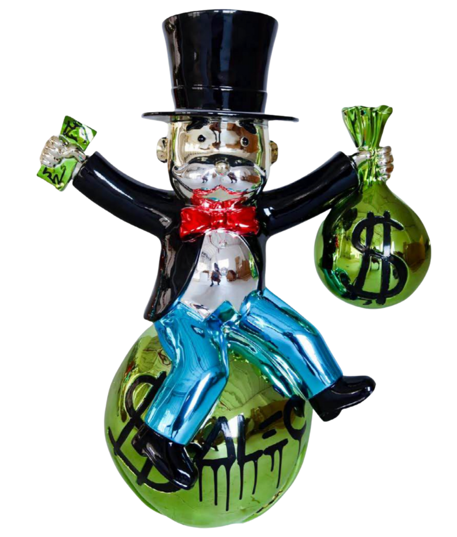 Monopoly Sitting on $ Bag Holding Cash $ Bag