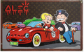 Richie and Monopoly Red $Car in Parking Lot