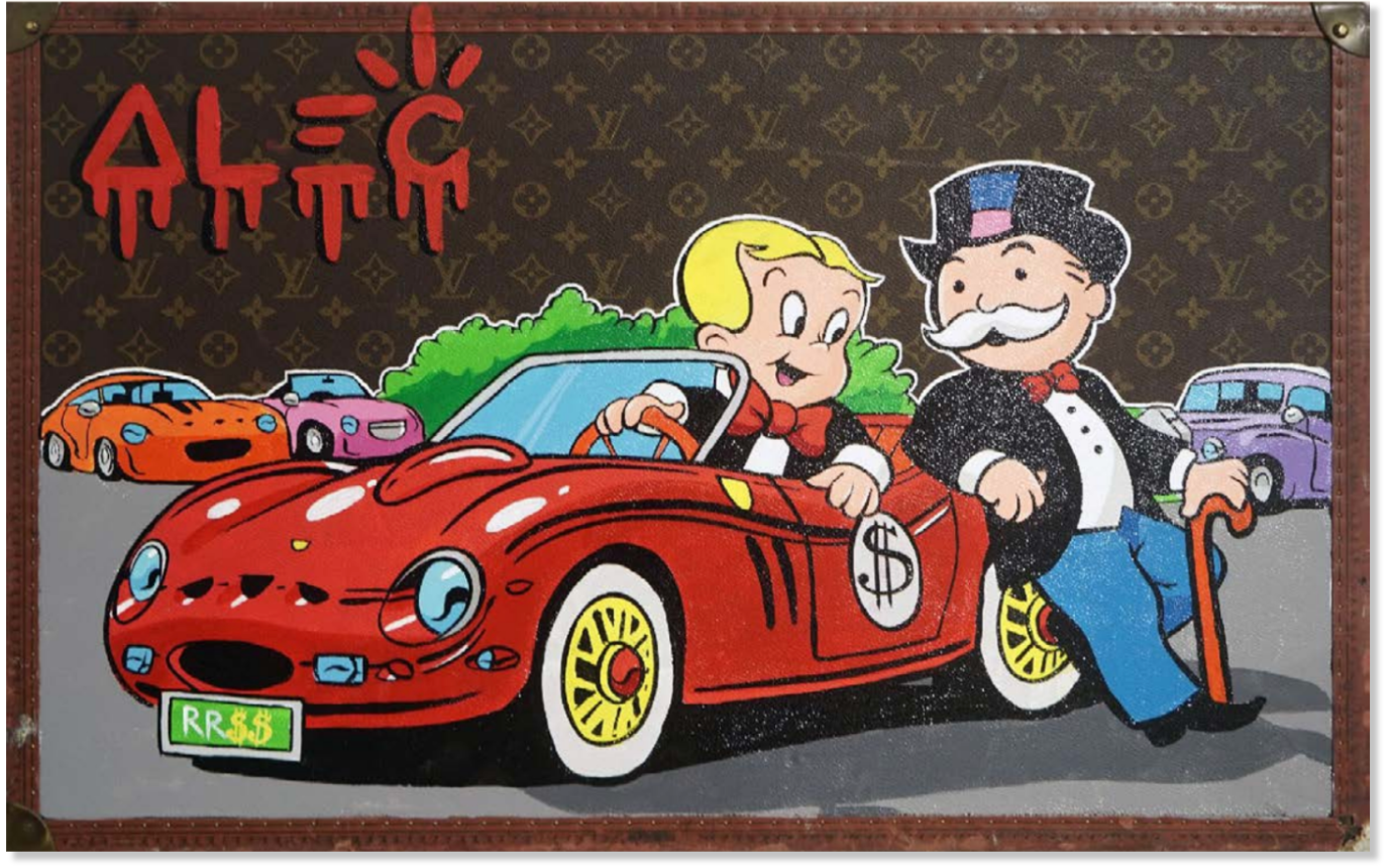 Richie and Monopoly Red $Car in Parking Lot