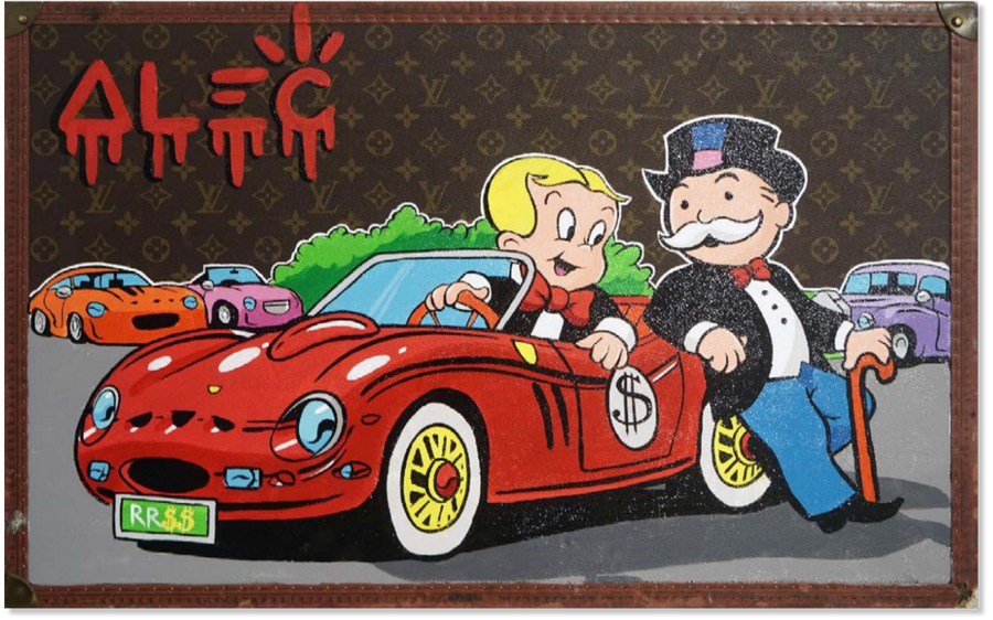 Richie and Monopoly Red $Car in Parking Lot