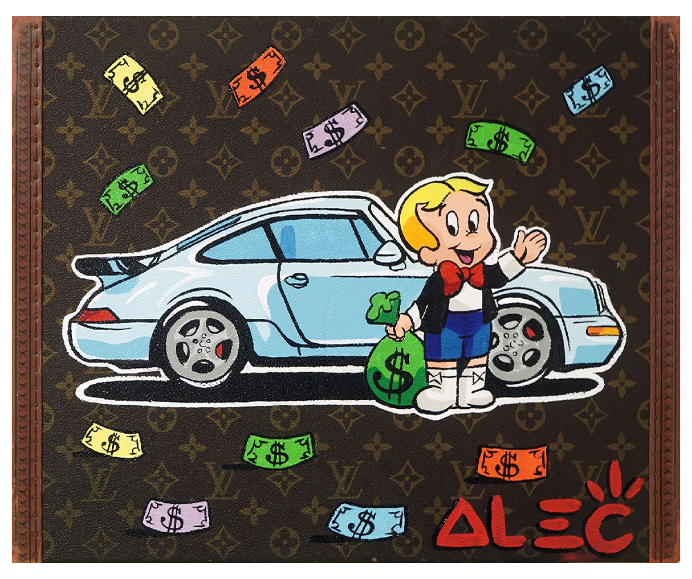 Richie Waving with $ Bag Front of Blue German Car Trunk