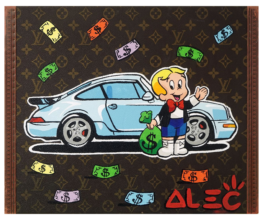 Richie Waving with $ Bag Front of Blue German Car Trunk