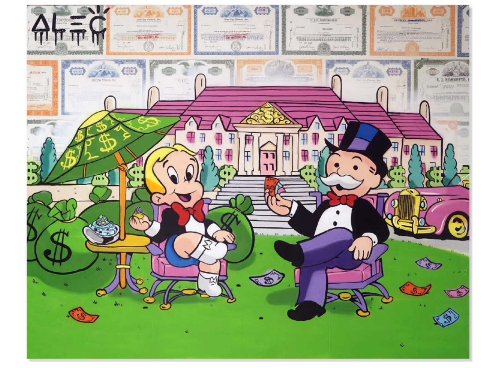 Richie and Monopoly Caviar on Lawn of Mansion
