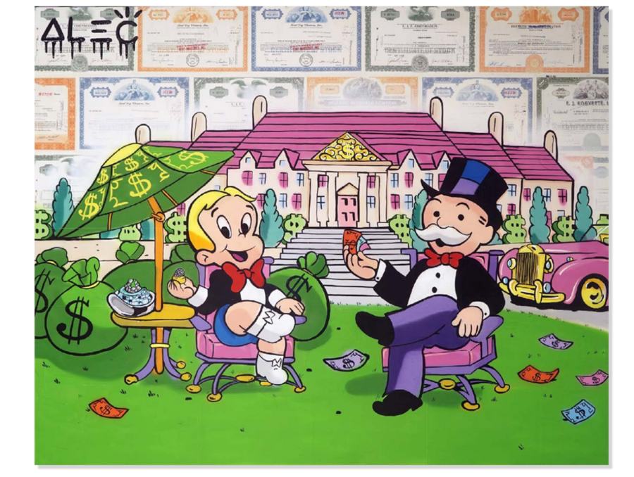 Richie and Monopoly Caviar on Lawn of Mansion