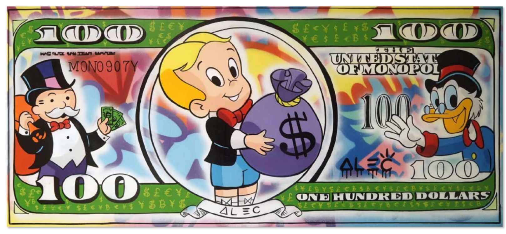 Richie, Monopoly and Scrooge on Colorful 100$ Bill
