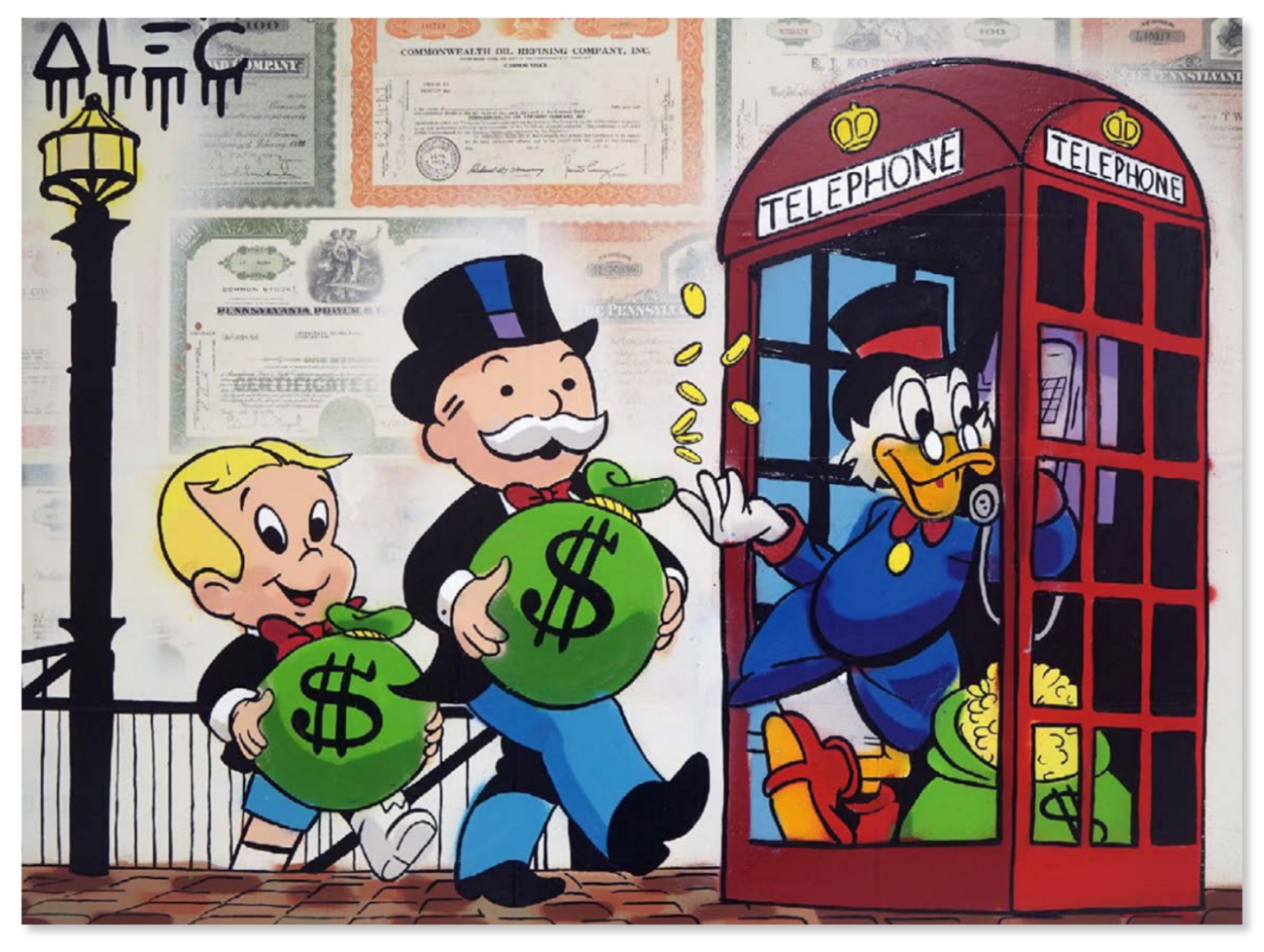 $ Team with $ Bags at Red London Telephone Booth
