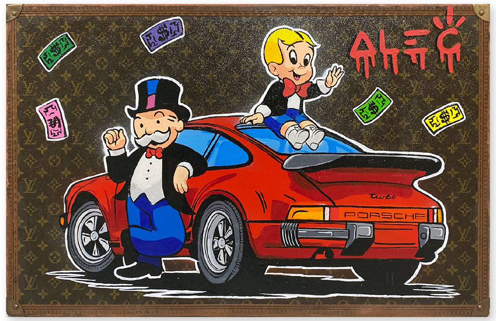 Monopoly and Richie on Back on Red Car Trunk