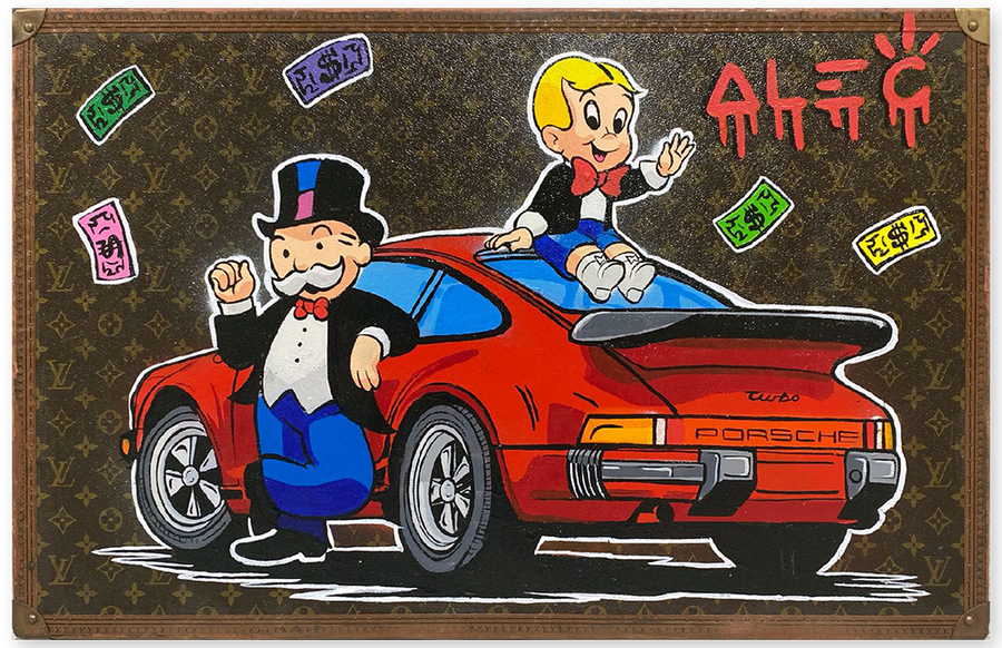 Monopoly and Richie on Back on Red Car Trunk