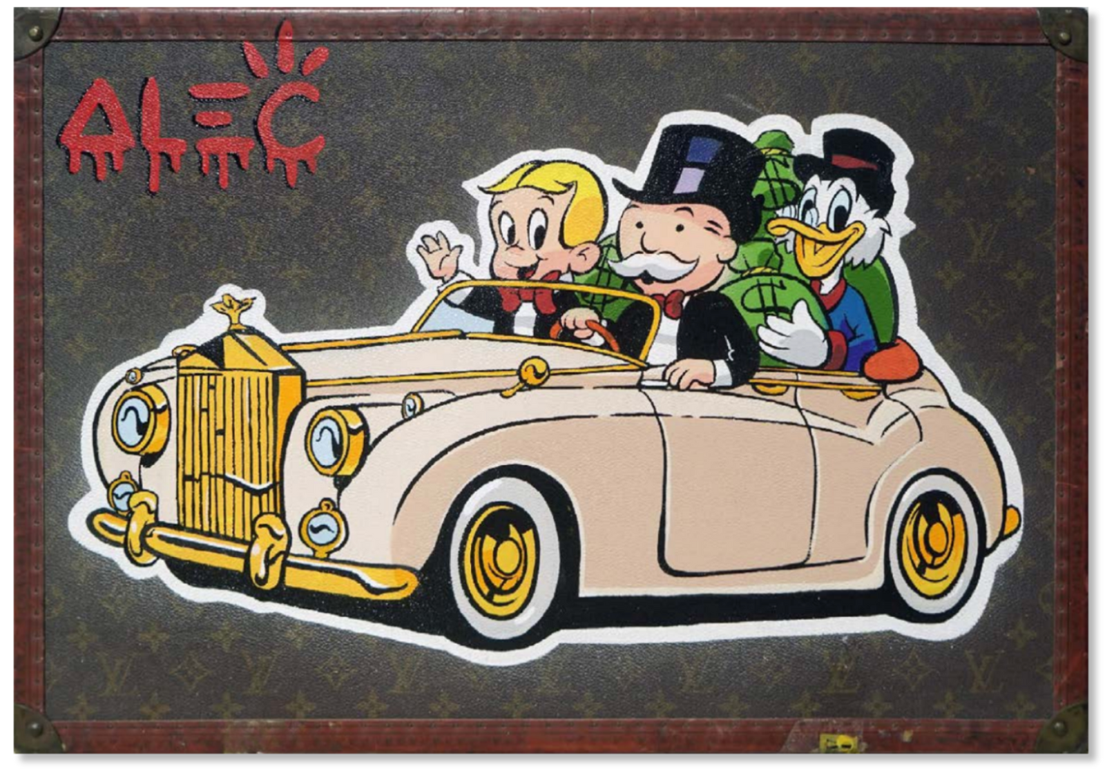 $ Team Driving Gold Car with $ Bags Trunk