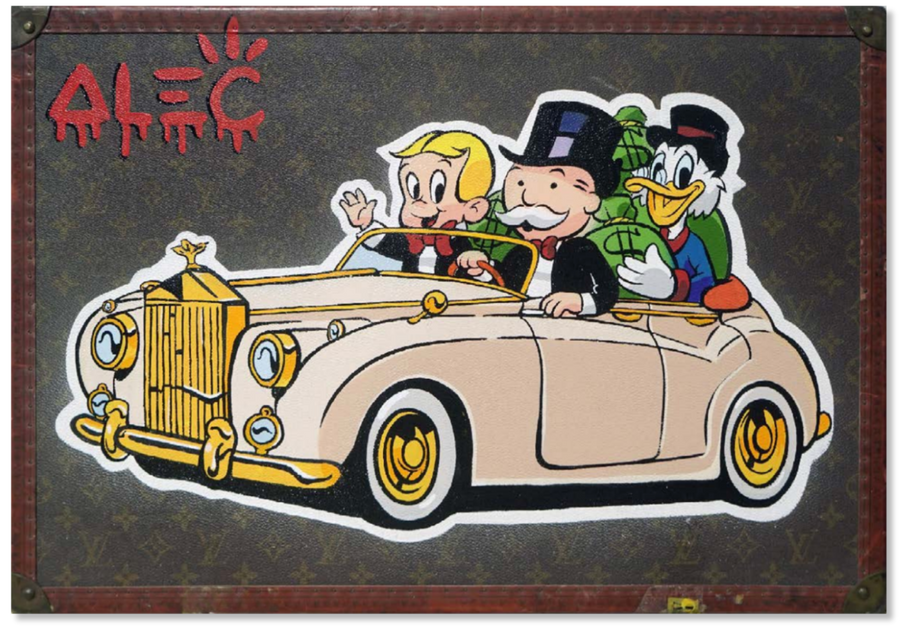$ Team Driving Gold Car with $ Bags Trunk