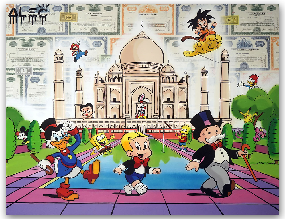 $ Team and Characters Walking in Front of Taj Mahal