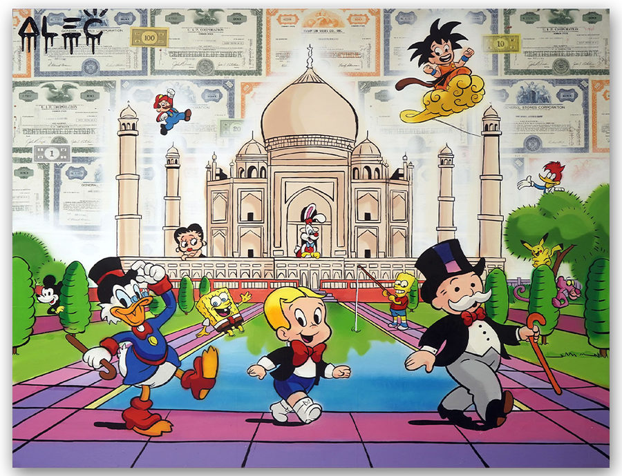 $ Team and Characters Walking in Front of Taj Mahal
