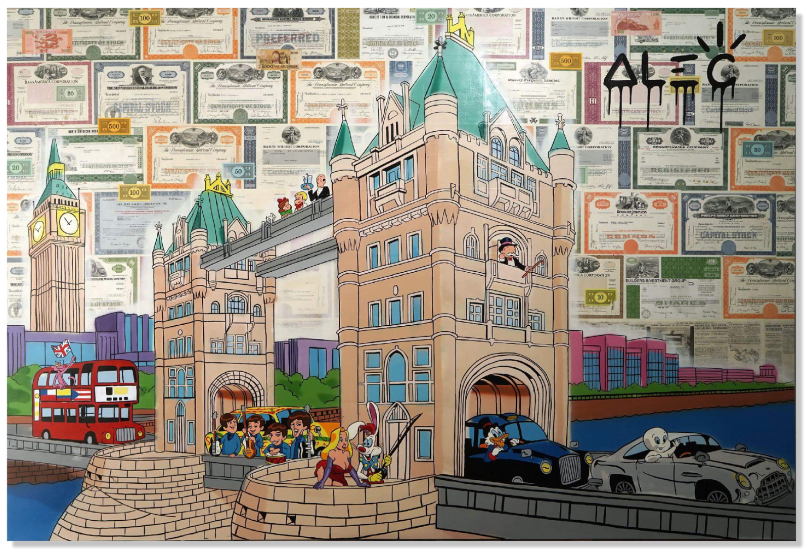 Characters and Cars Crossing London Bridge