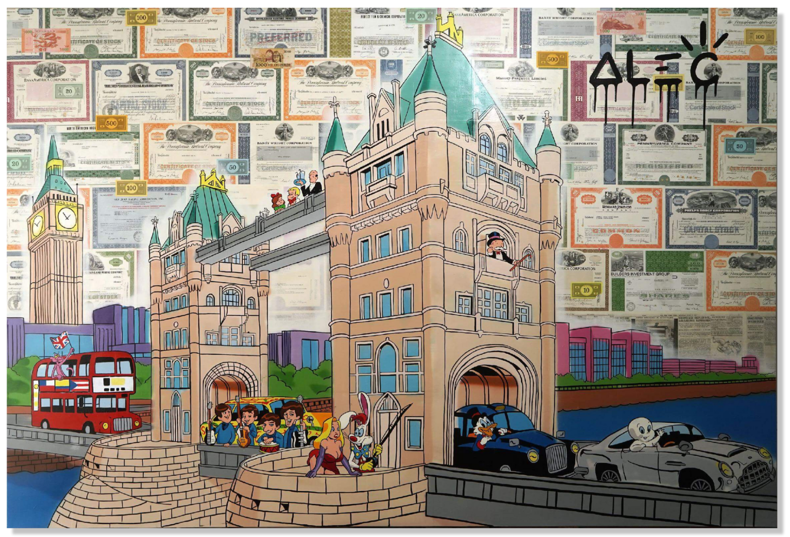 Characters and Cars Crossing London Bridge