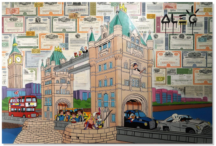 Characters and Cars Crossing London Bridge