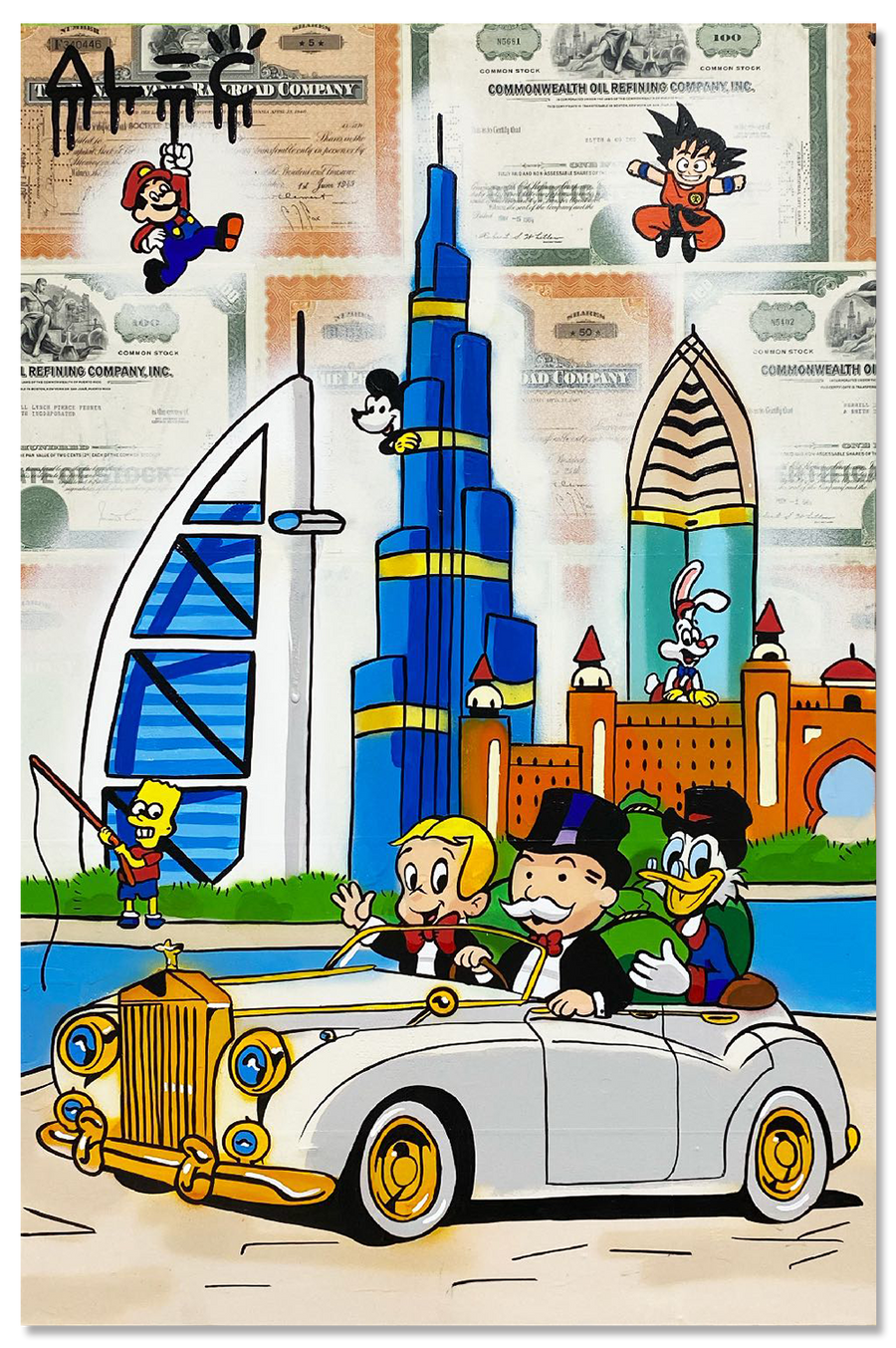 $ Team Driving Luxury Car with Characters by Dubai