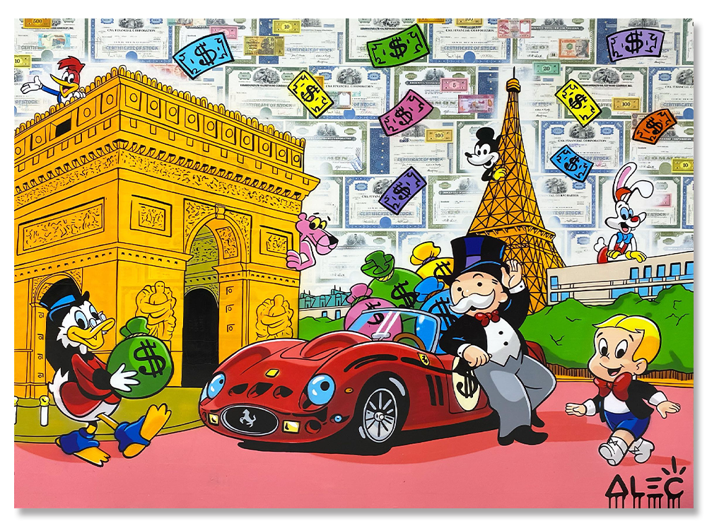 Monopoly Red Car Parked with $ Team and Characters in Paris