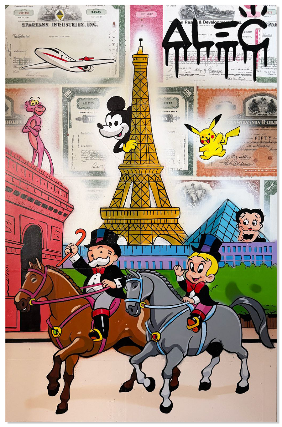 Monopoly and Richie on Horses in Front of Paris Landmarks