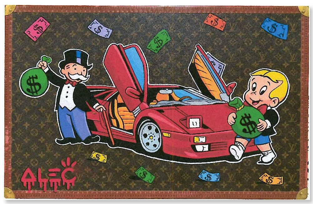 Monopoly & Richie with Money Bags on LV Trunk, Red Car