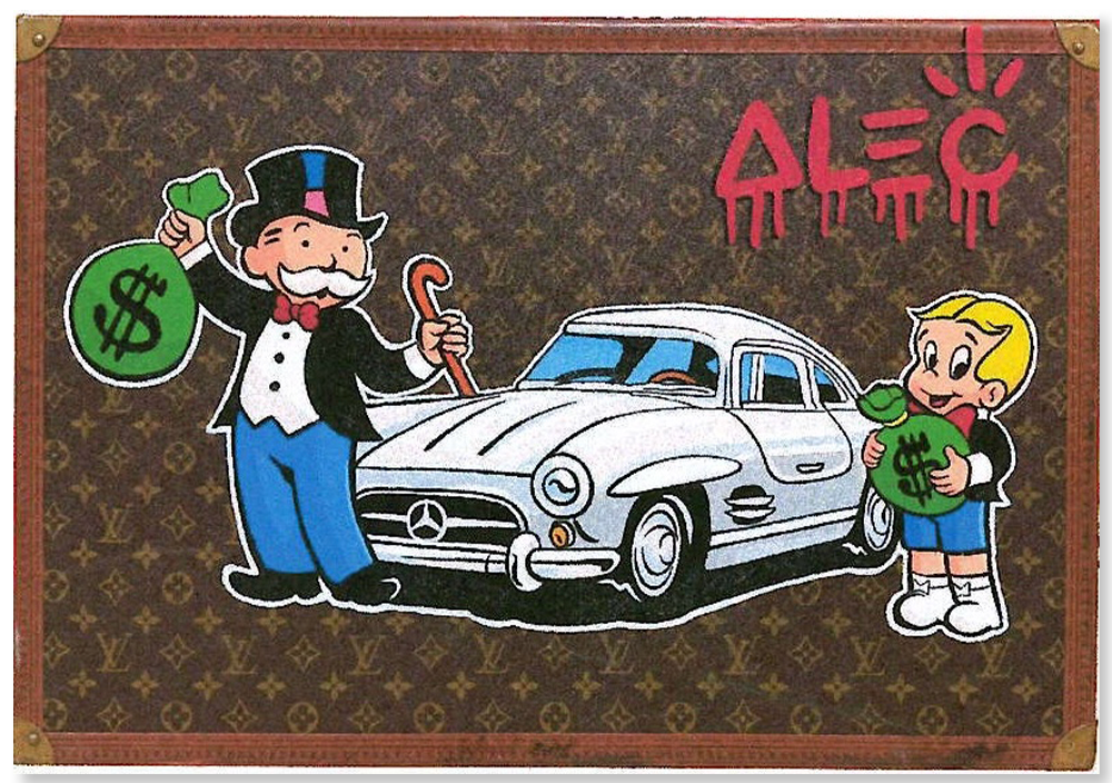 Monopoly & Richie Holding Money Bags with Closed Grey Car - Trunk