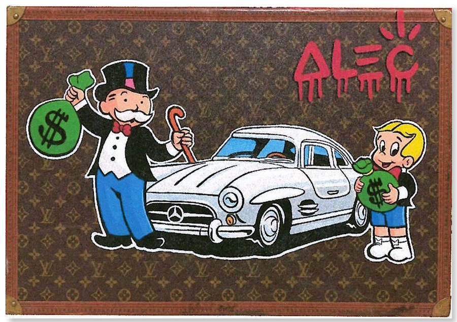 Monopoly & Richie Holding Money Bags with Closed Grey Car - Trunk