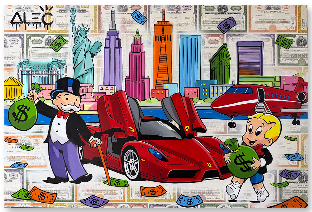 Monopoly and Richie Red Car Butterly Doors and Jet NYC Skyline