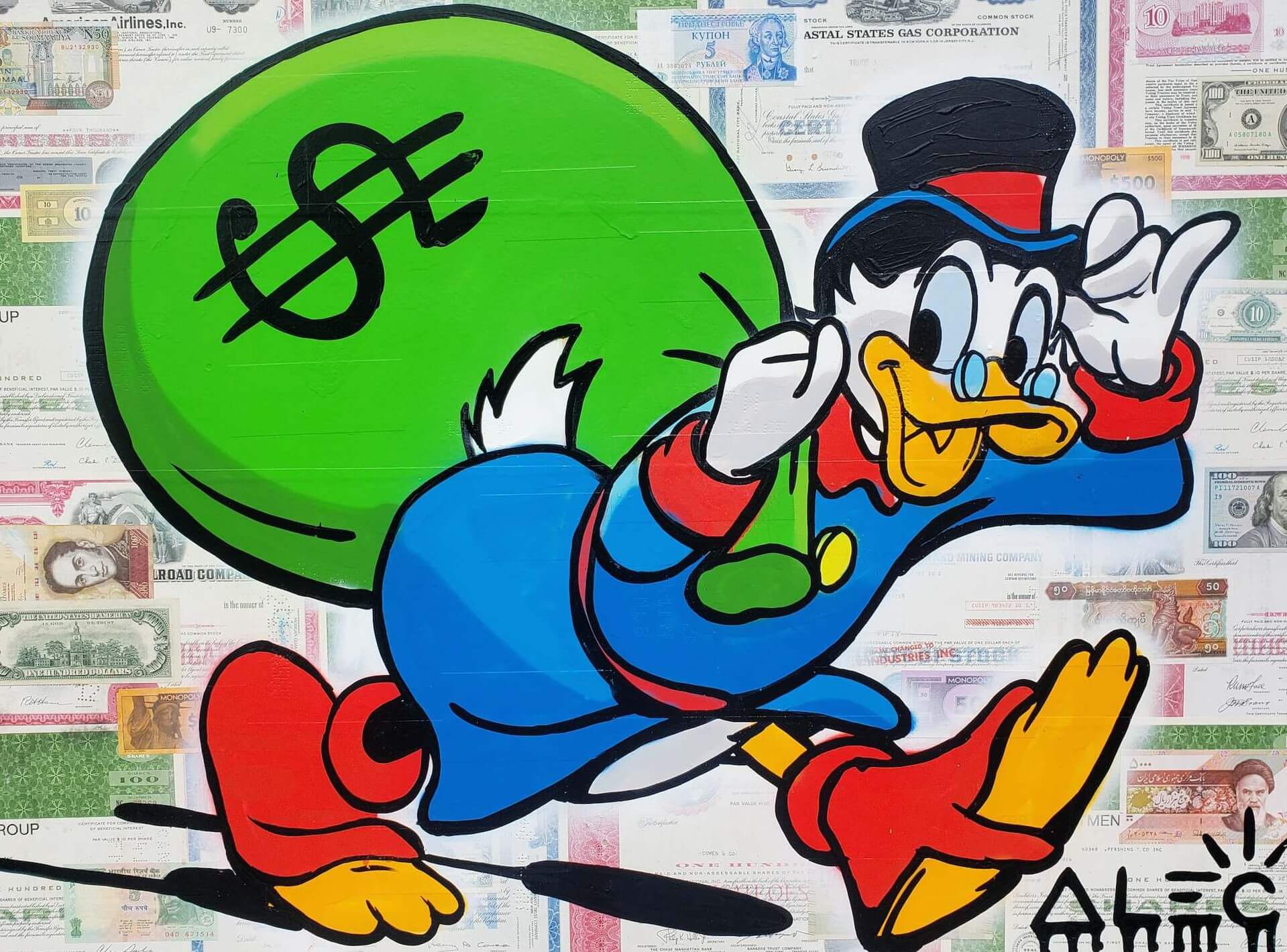 Scrooge Walking with Big $ Bag