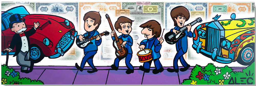 Beatles Playing Music on Sidewalk with Monopoly