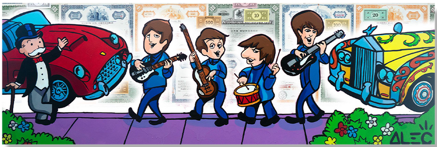 Beatles Playing Music on Sidewalk with Monopoly